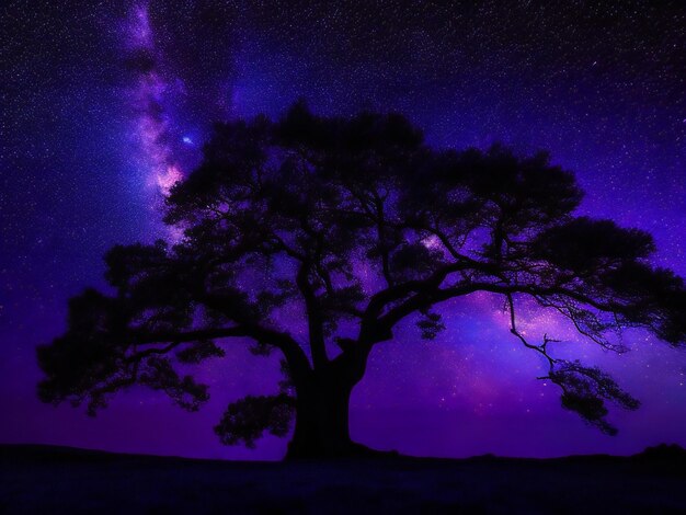 A majestic tree silhouetted against a backdrop of the vast night sky filled with stars