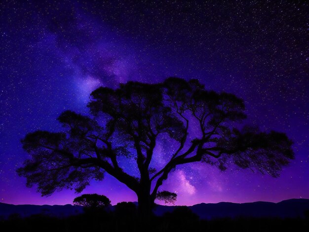 A majestic tree silhouetted against a backdrop of the vast night sky filled with stars