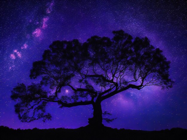 A majestic tree silhouetted against a backdrop of the vast night sky filled with stars