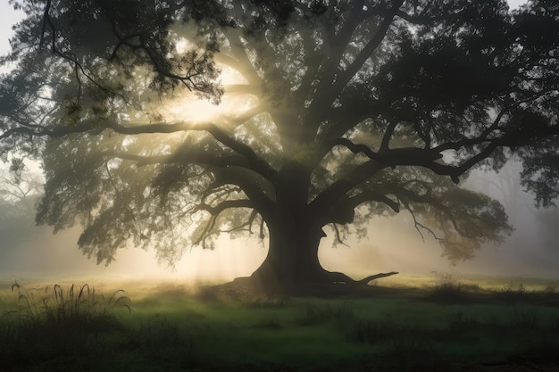 Majestic tree surrounded by misty morning air