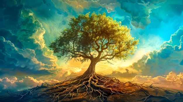 Majestic tree with radiant roots under a surreal sky