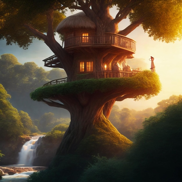 A majestic treehouse perched atop a towering ai generated image