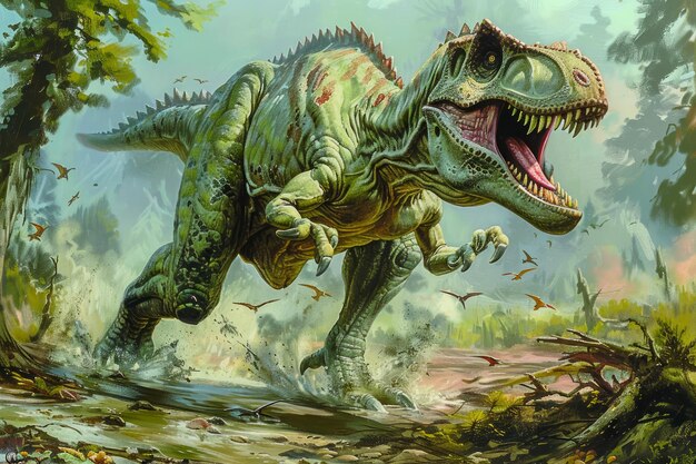 Majestic Tyrannosaurus Rex Roaring in Lush Prehistoric Jungle Scenery Dinosaur in Natural Habitat