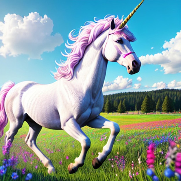 a majestic unicorn galloping through_a vibrant meadow filled with wildflowers high details