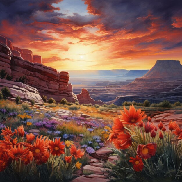 A Majestic Utah Morning Vibrant Red Rocks and Sunlit Flowers in the Mountain Landscape