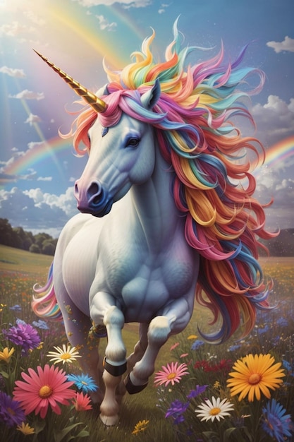 A majestic and vibrant unicorn with a rainbow mane and tail galloping through a field of wildflower