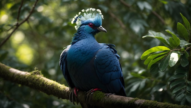A majestic victoria crowned pigeon perched atop a tree