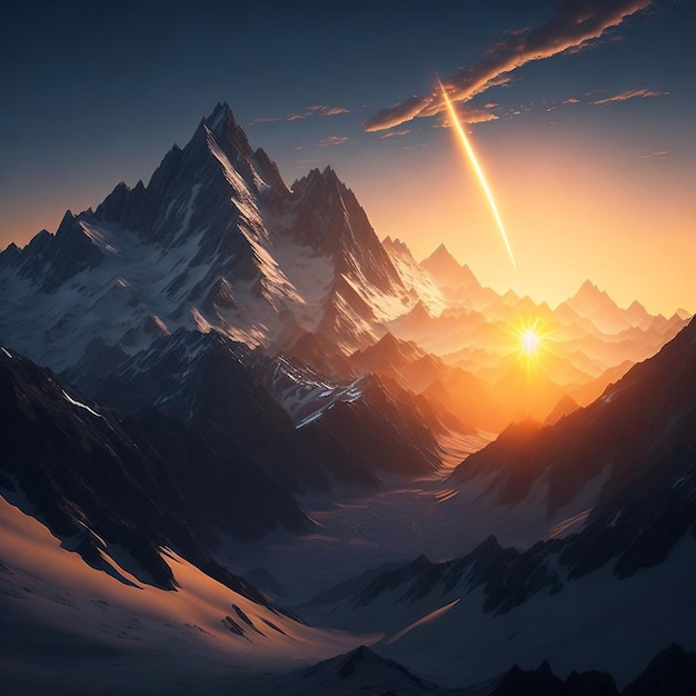 A majestic view of the morning sky with the sun rising over the snowcovered peaks of the mountain