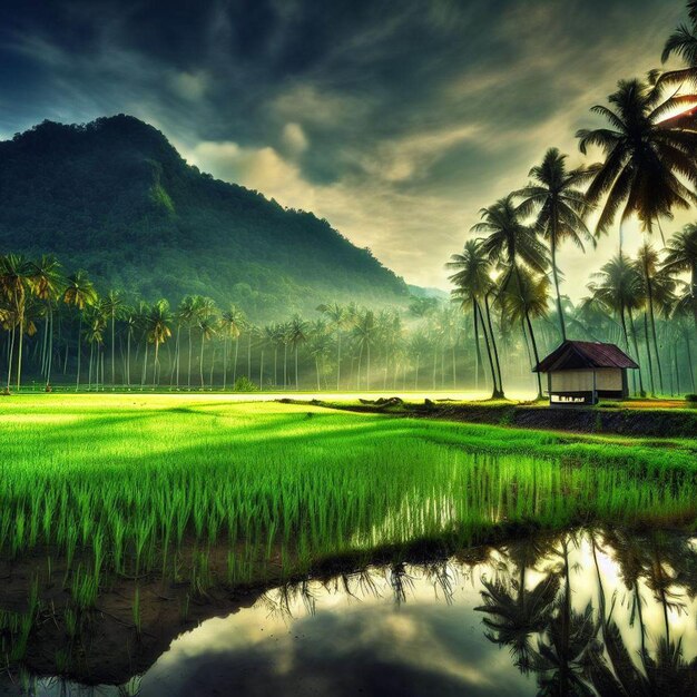 Majestic view of paddy field a small hut coconut trees with reflections and mountain