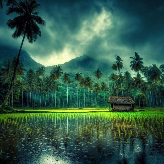 Majestic view of paddy field a small hut coconut trees with reflections and mountain