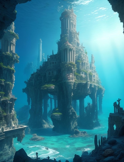 A majestic view of the sunken city of Atlantis surrounded by a vast ocean of secrets