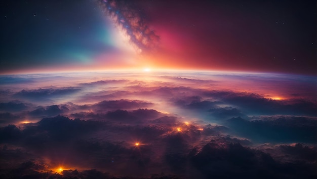 Величественный вид восхода солнца из глубины космоса с ярким разнообразием цветов и звезд