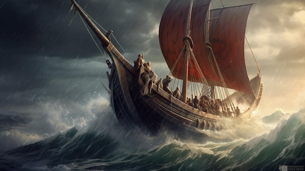 Photo majestic viking ship sailing on stormy seas with