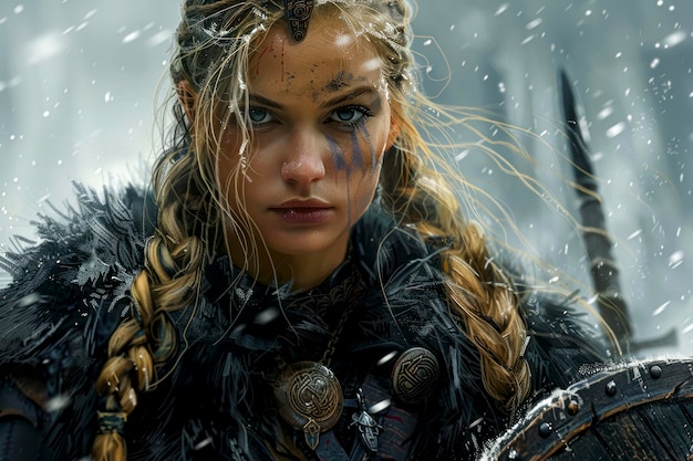 Majestic Viking Warrior Woman with Shield and Sword Stunning Black Crow Intricate Braids a Captivating Image of Strength and Beauty