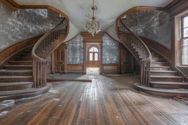 Majestic Vintage Double Staircase in Abandoned Mansion with Elegant Wooden Banisters and Sunlight