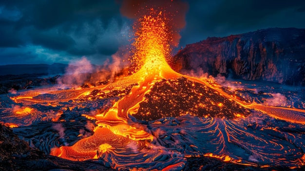 Majestic Volcanic Eruption at Night with Glowing Lava Flows Erupting Volcano Landscape with Smoke