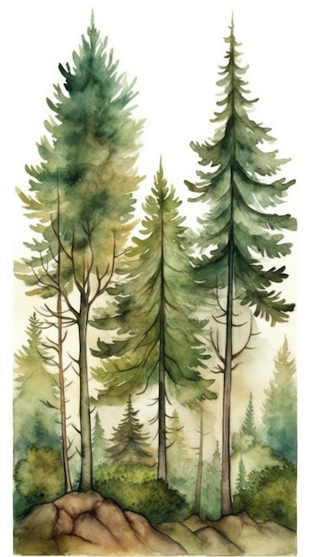 Majestic Watercolor Forest Landscape with Pine Trees and Deer