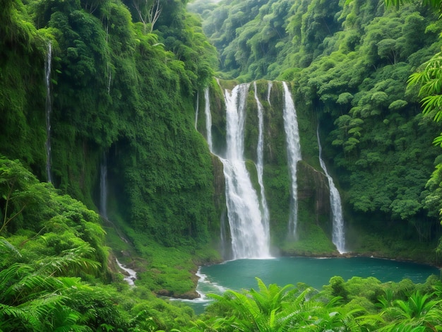 A majestic waterfall cascading down a lush green hill