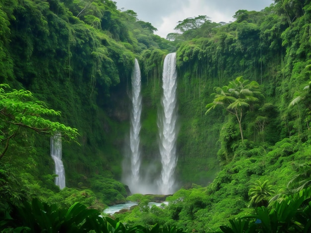 A majestic waterfall cascading down a lush green hill