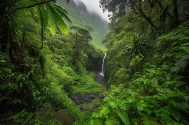 Majestic waterfall cascading down lush jungle mountainside created with generative ai