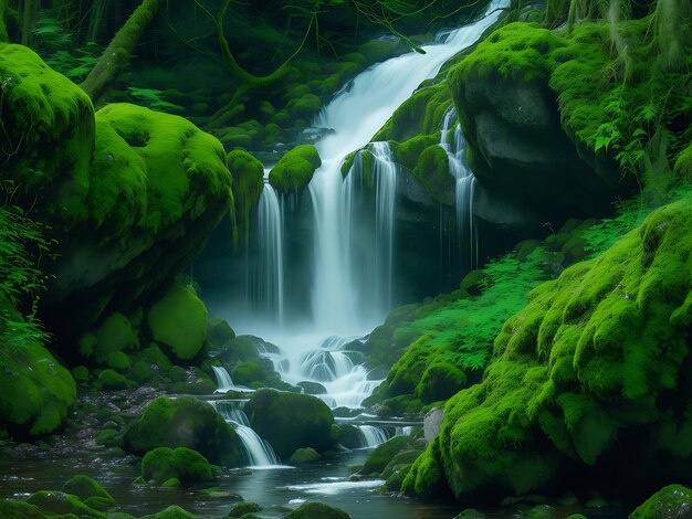 A majestic waterfall cascading down mossy rocks in a dense forest