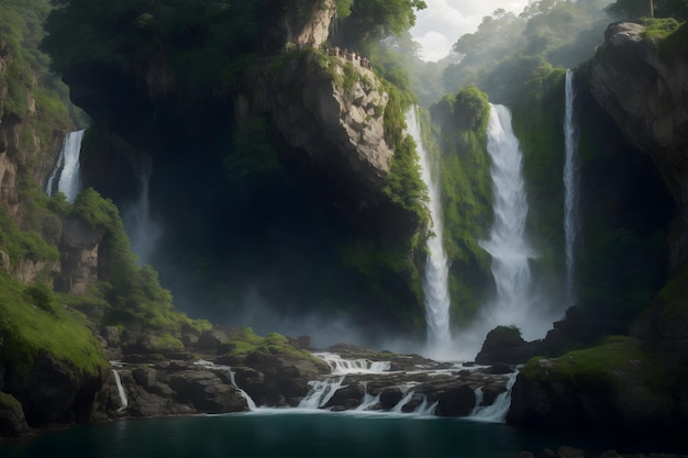 Photo a majestic waterfall cascading down a rocky cliff face surrounded by lush greenery generated by ai