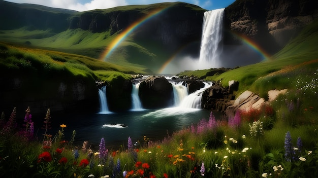 A majestic waterfall cascading down a rocky cliff surrounded by lush greenery and a rainbow of wild