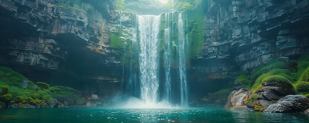 A Majestic Waterfall Cascading Down Rocky Cliff Wallpaper