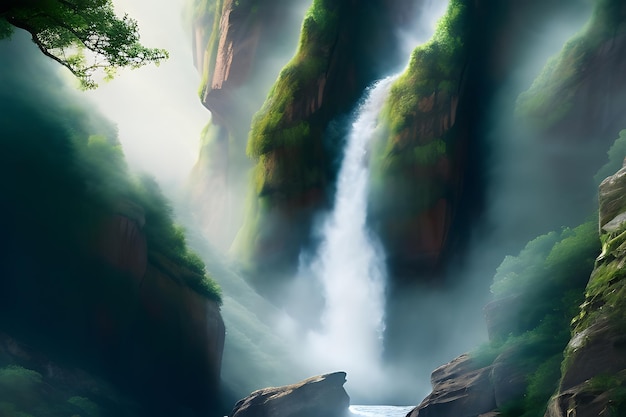 Majestic waterfall cascading down a rocky cliff