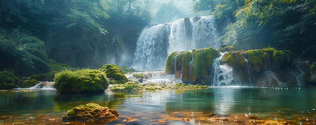 Photo a majestic waterfall cascading down wallpaper