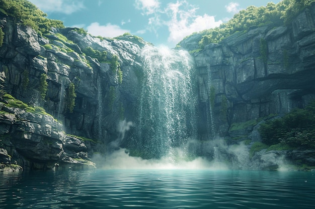 A majestic waterfall cascading into a pool below o