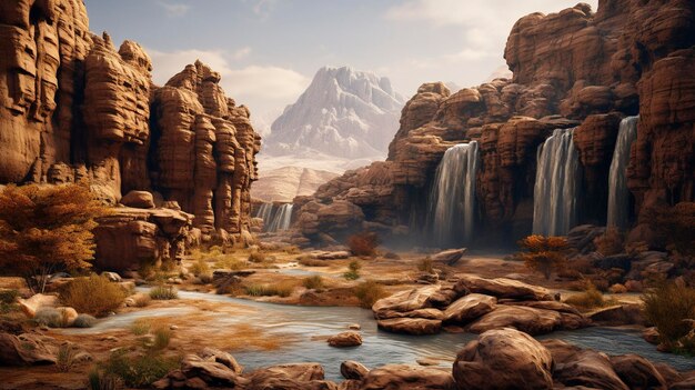 Majestic waterfall cascading over rocky cliffs into a serene river surrounded by lush desert