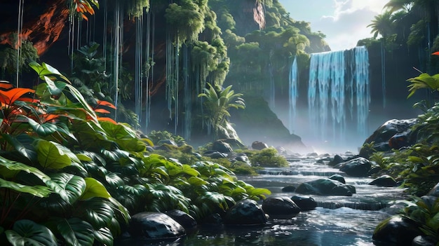 Majestic Waterfall in Dense Jungle Generative AI