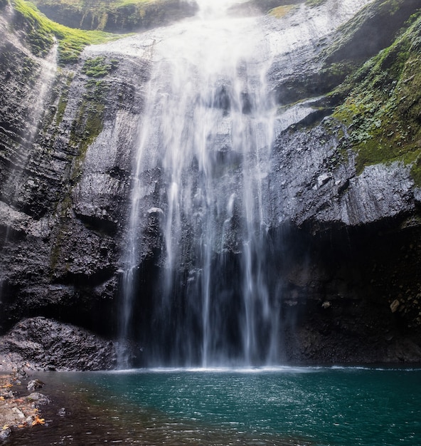 Majestic waterfall flowing on rocky cliff in tropical rainforest