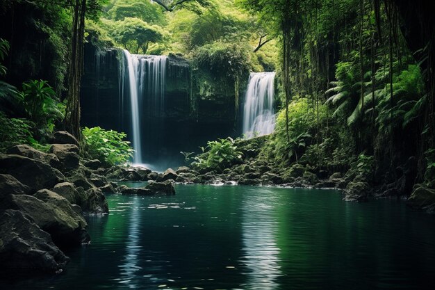 Majestic waterfall framed by lush green foliage