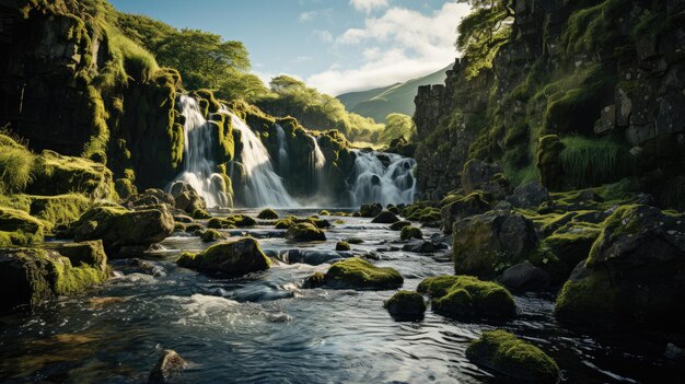 Photo majestic waterfall in iceland national park forest