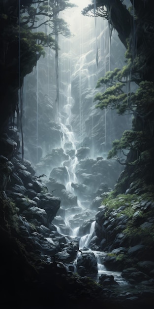 Majestic Waterfall In Dark Forest Mahiro Maeda geïnspireerde concept art