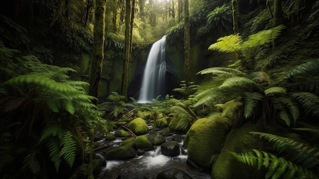 緑豊かな森の中に佇む雄大な滝