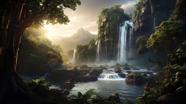 Majestic Waterfall in Lush Rainforest