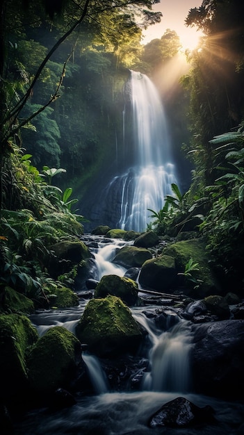 Majestic Waterfall in Lush Rainforest