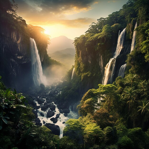 Majestic Waterfall in Lush Rainforest
