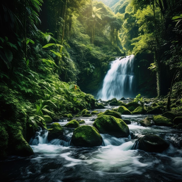 Majestic waterfall in a lush rainforest