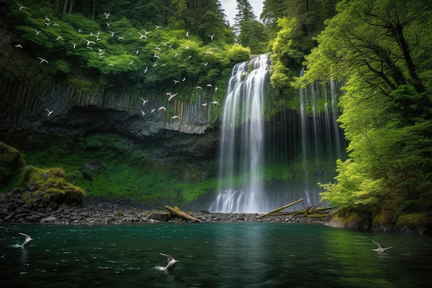 Величественный водопад, гора и дикая природа в гармонии.