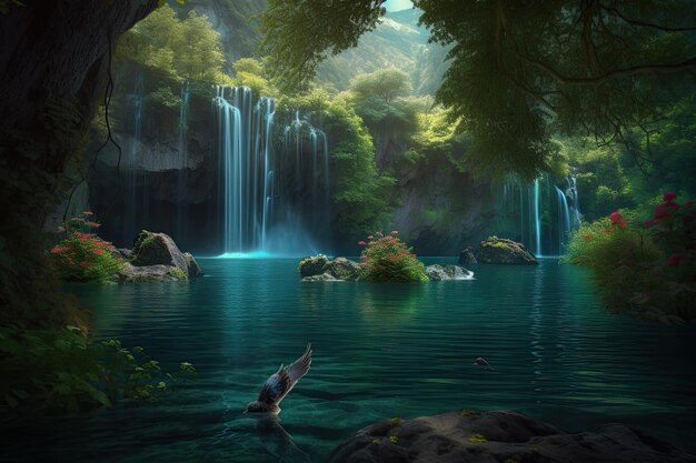 Majestic waterfall mountain and wild nature in harmony generative IA