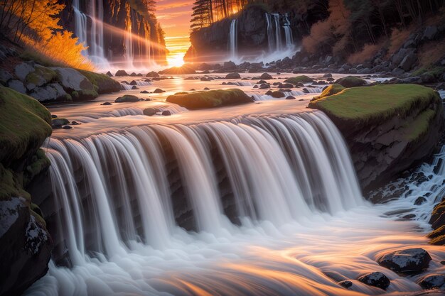 majestic waterfall at sunset