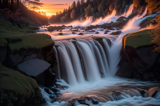 majestic waterfall at sunset