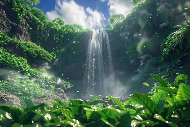 A majestic waterfall surrounded by lush greenery o