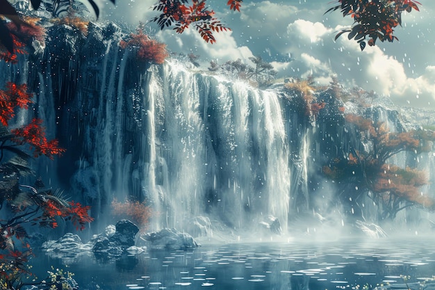 Photo majestic waterfall in a tranquil autumn forest landscape with mist and sunrays