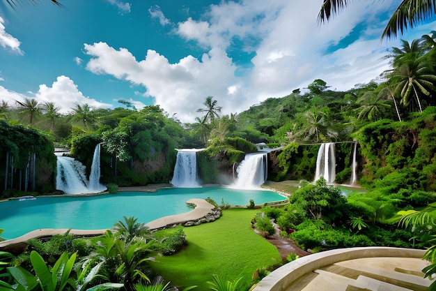 Majestic Waterfall in Tropical Forest Landscape