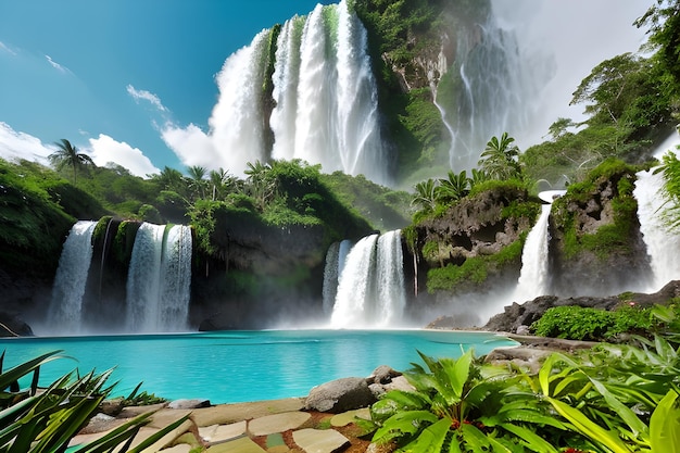 Majestic Waterfall in Tropical Forest Landscape